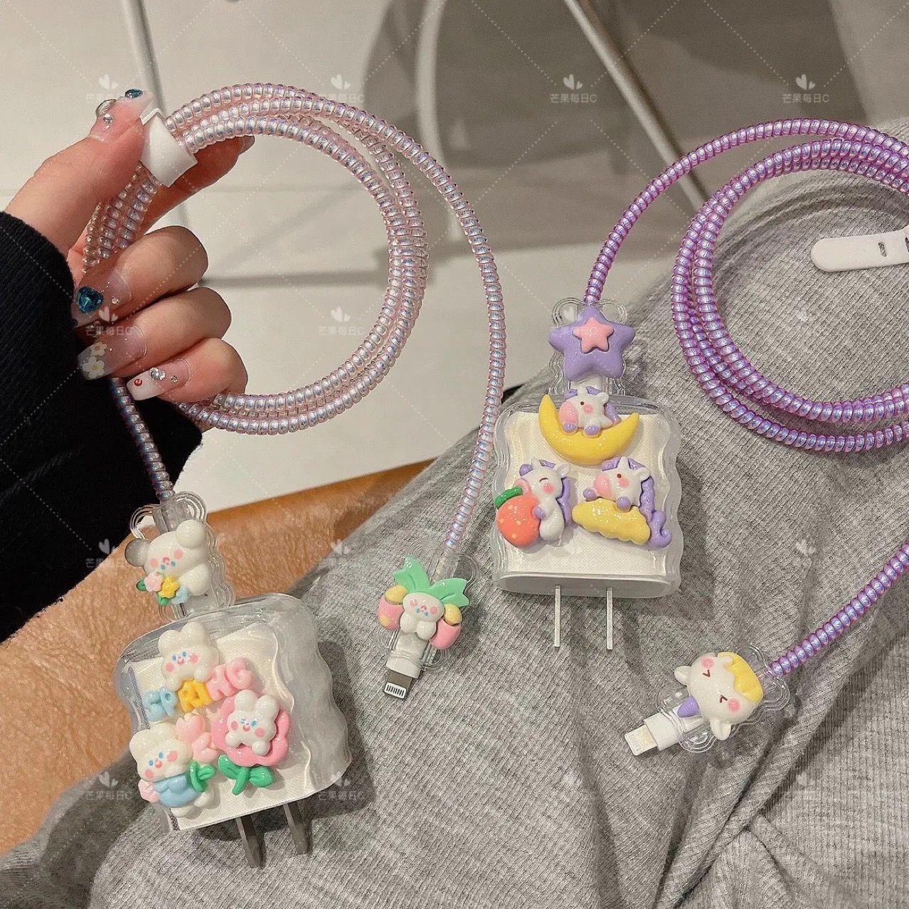 3D Unicorn Bear Trendy iPhone Adapter Charger Cable Wire Protector Set