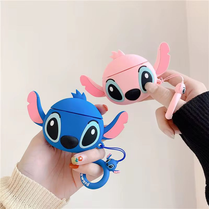 3D Stitch Blue Pink Rubber Silicone Airpod Pre-Order Case With Ring Hanging