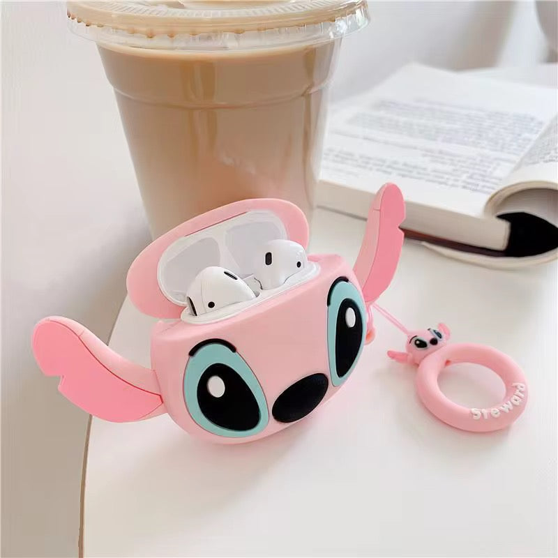 3D Stitch Blue Pink Rubber Silicone Airpod Pre-Order Case With Ring Hanging