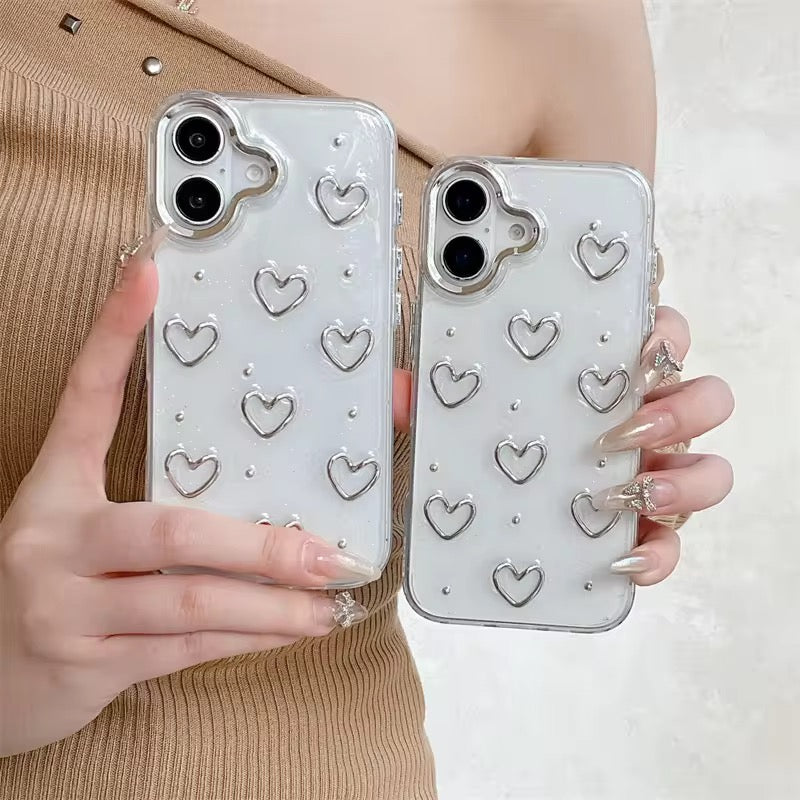 3D Glitter Silver Heart Transparent iPhone Soft Case