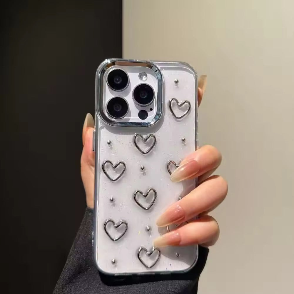 3D Glitter Silver Heart Transparent iPhone Soft Case