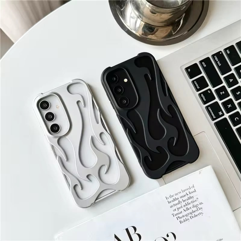 3D Flame Hollow Matte Black Silver Electroplated Samsung S & A Series Soft Case