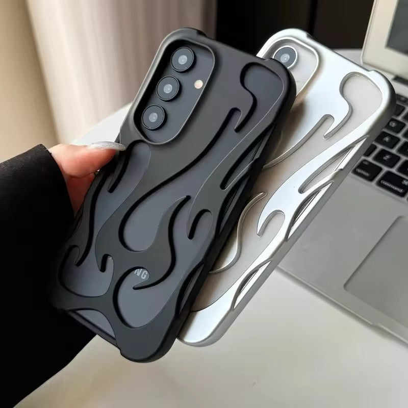 3D Flame Hollow Matte Black Silver Electroplated Samsung S & A Series Soft Case