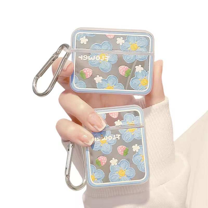 Blue Floral Mirror Airpod Case With Hanging