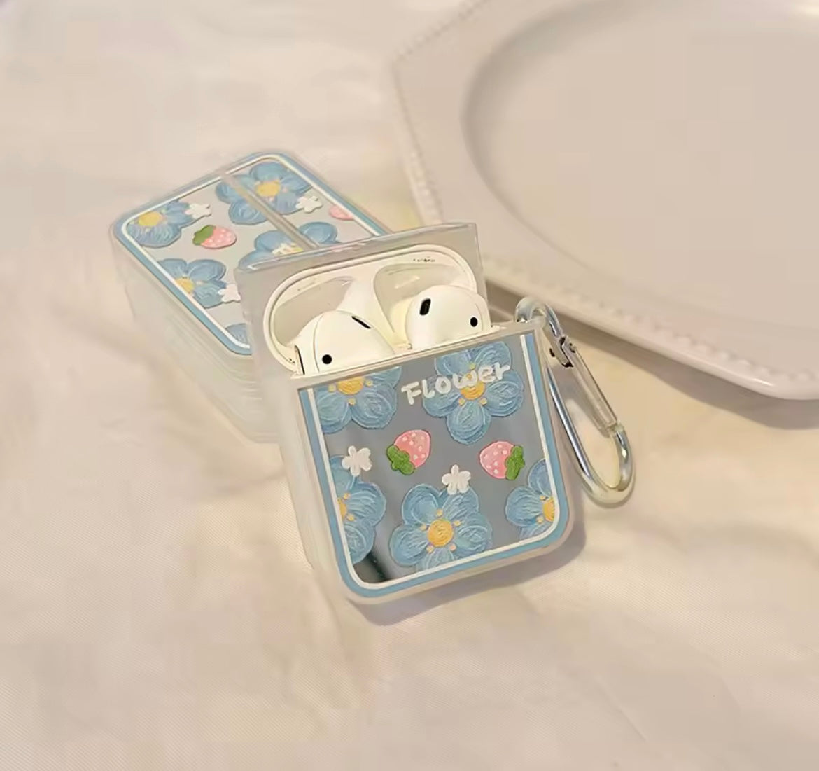 Blue Floral Mirror Airpod Case With Hanging