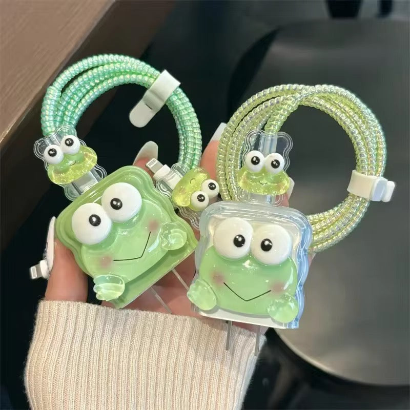 3D Cute Green Frog Adapter Charger Cable Wire Protector Set