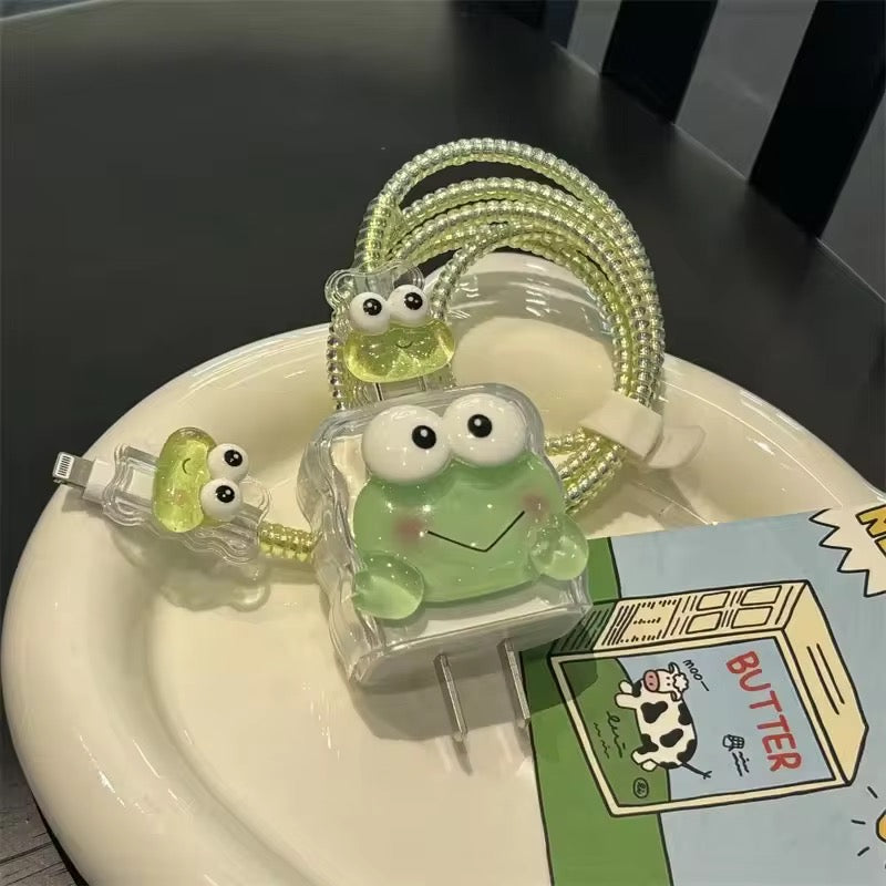 3D Cute Green Frog Adapter Charger Cable Wire Protector Set