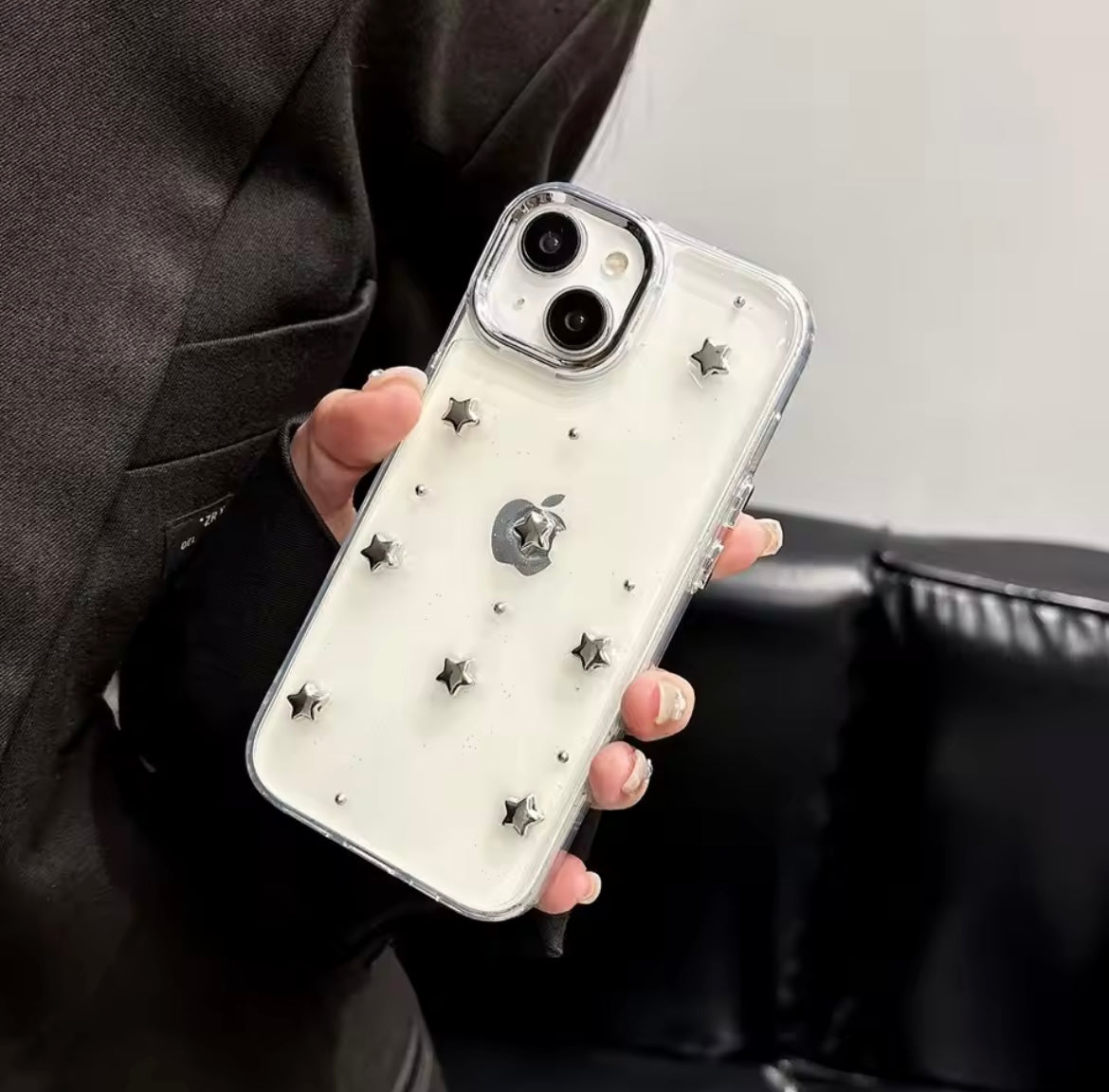 3D Glitter Silver Star Transparent iPhone Case