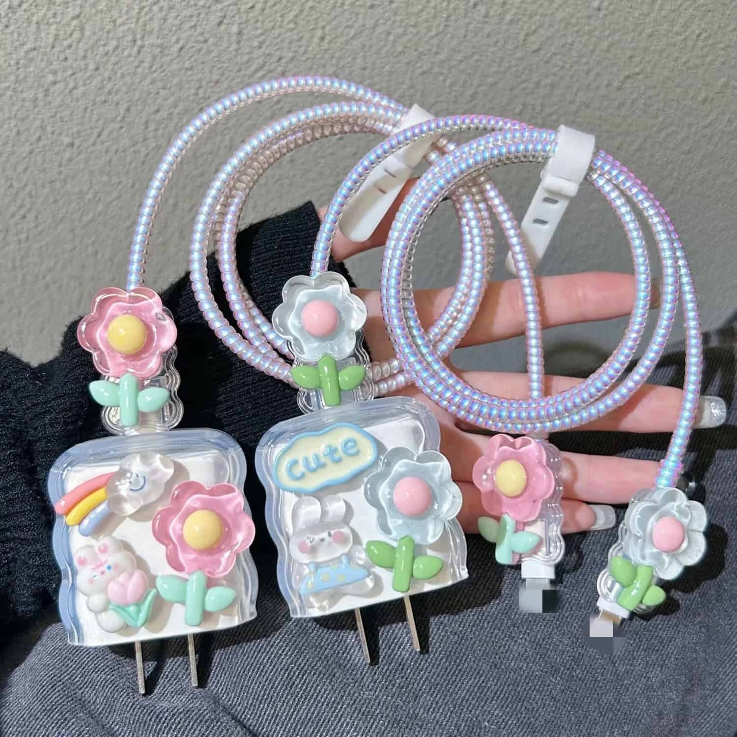 Luxury 3D Floral Rainbow Cartoon Transparent iPhone Charger Set With Wire Protection
