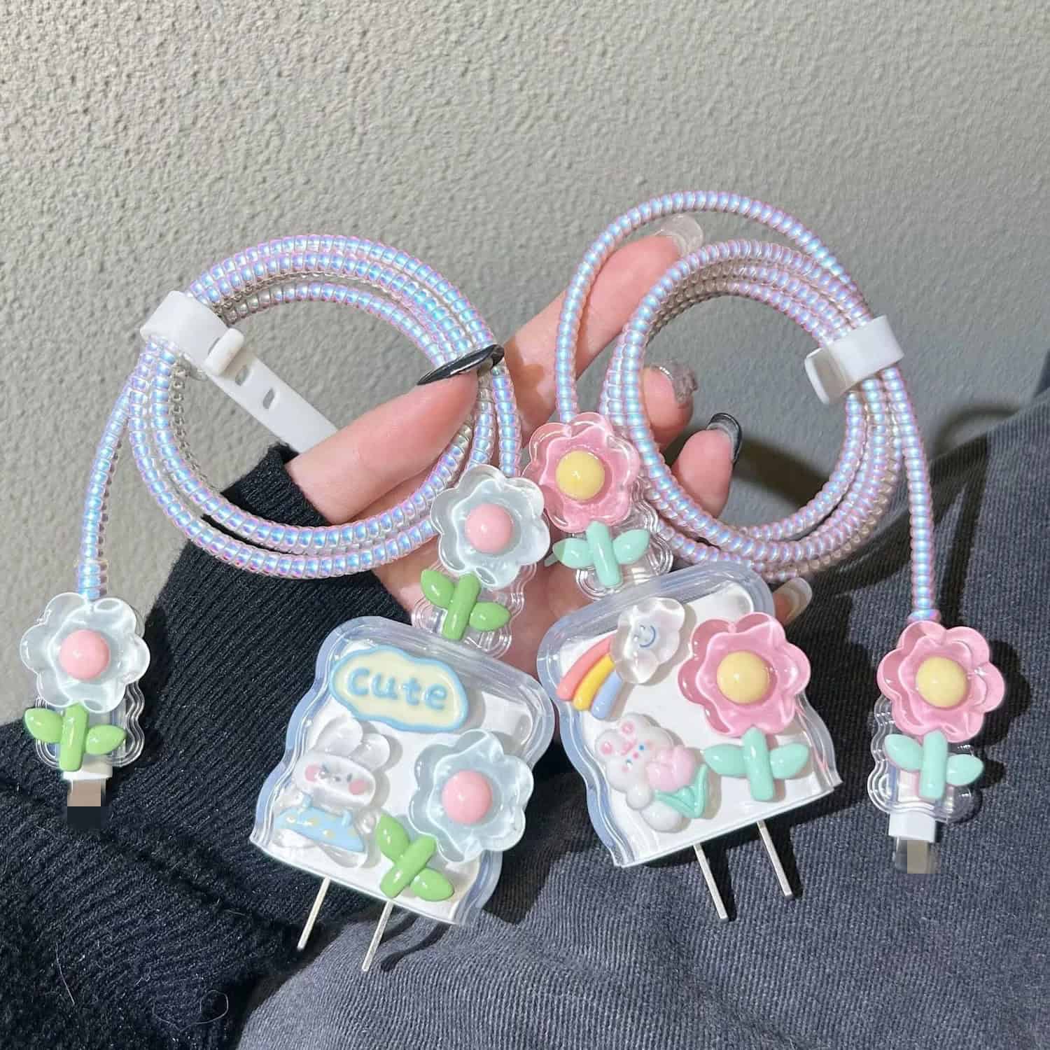 Luxury 3D Floral Rainbow Cartoon Transparent iPhone Charger Set With Wire Protection