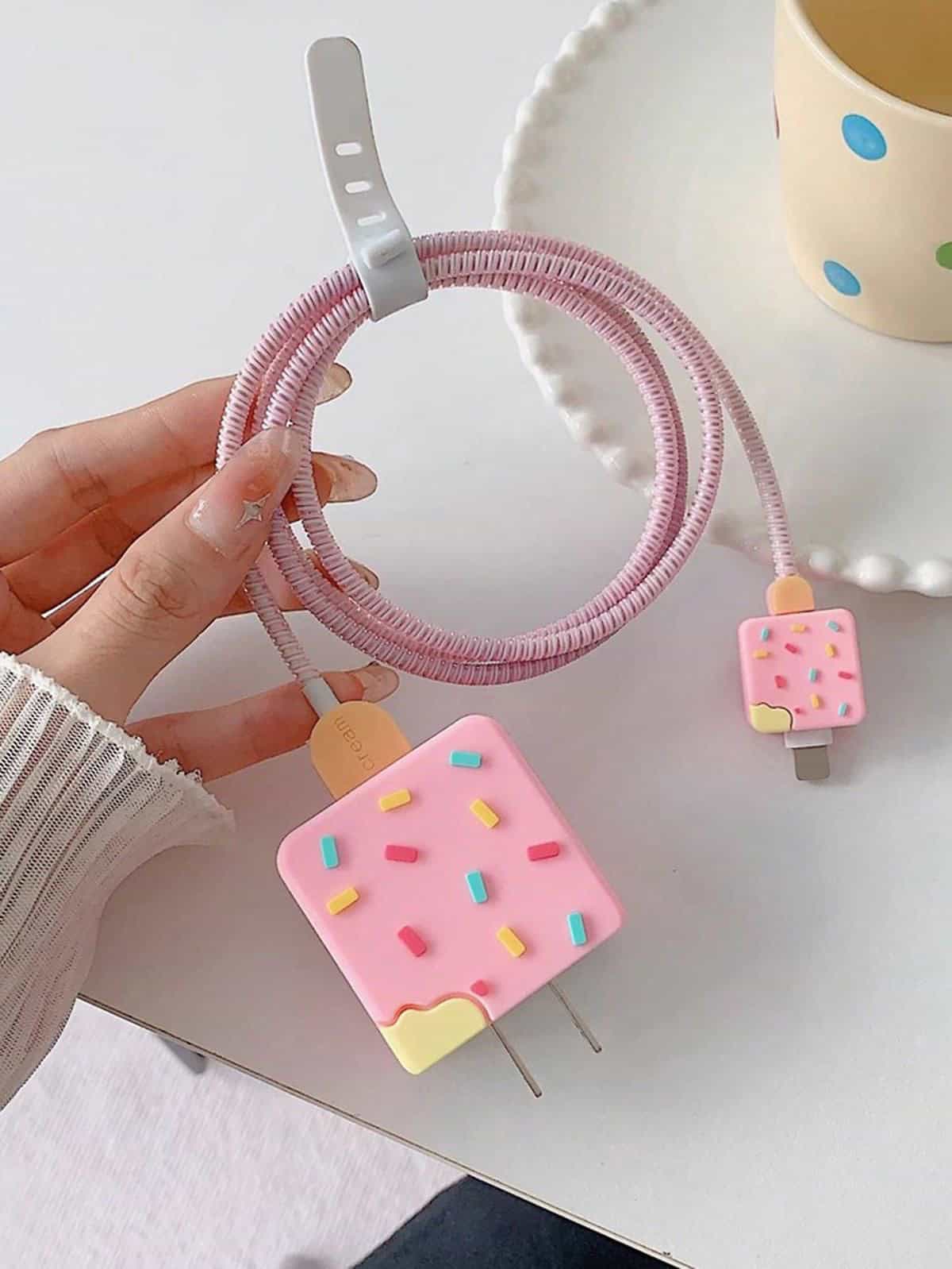 Pink Ice Cream iPhone Charger Set With Wire Protection