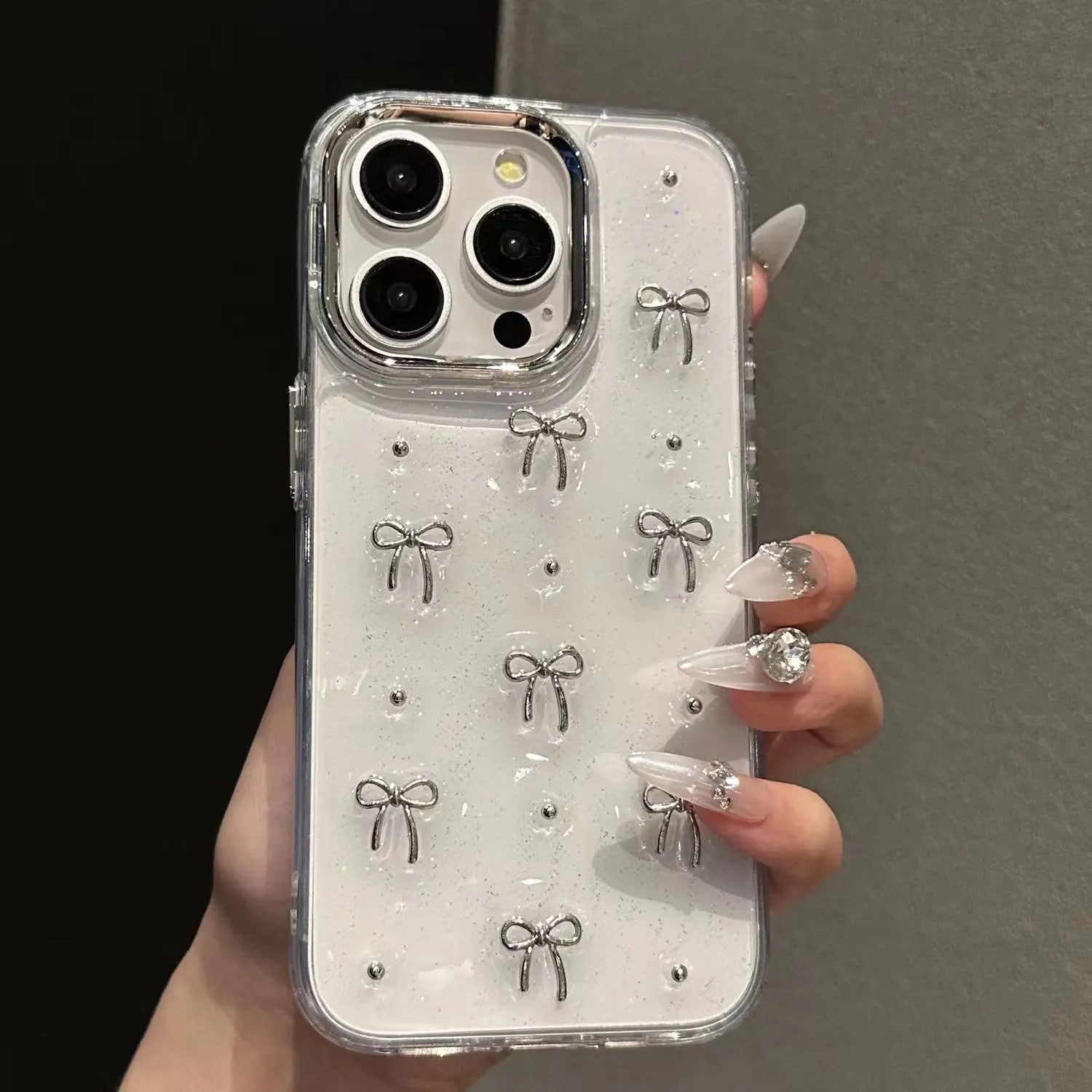 Iphone 12 Designed Iphone Cases 3D Glitter Silver Bow Transparent