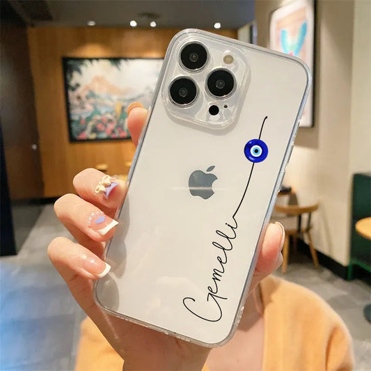 Evil Eye Cursive Name Initial Transparent Custom Slim Soft Cases