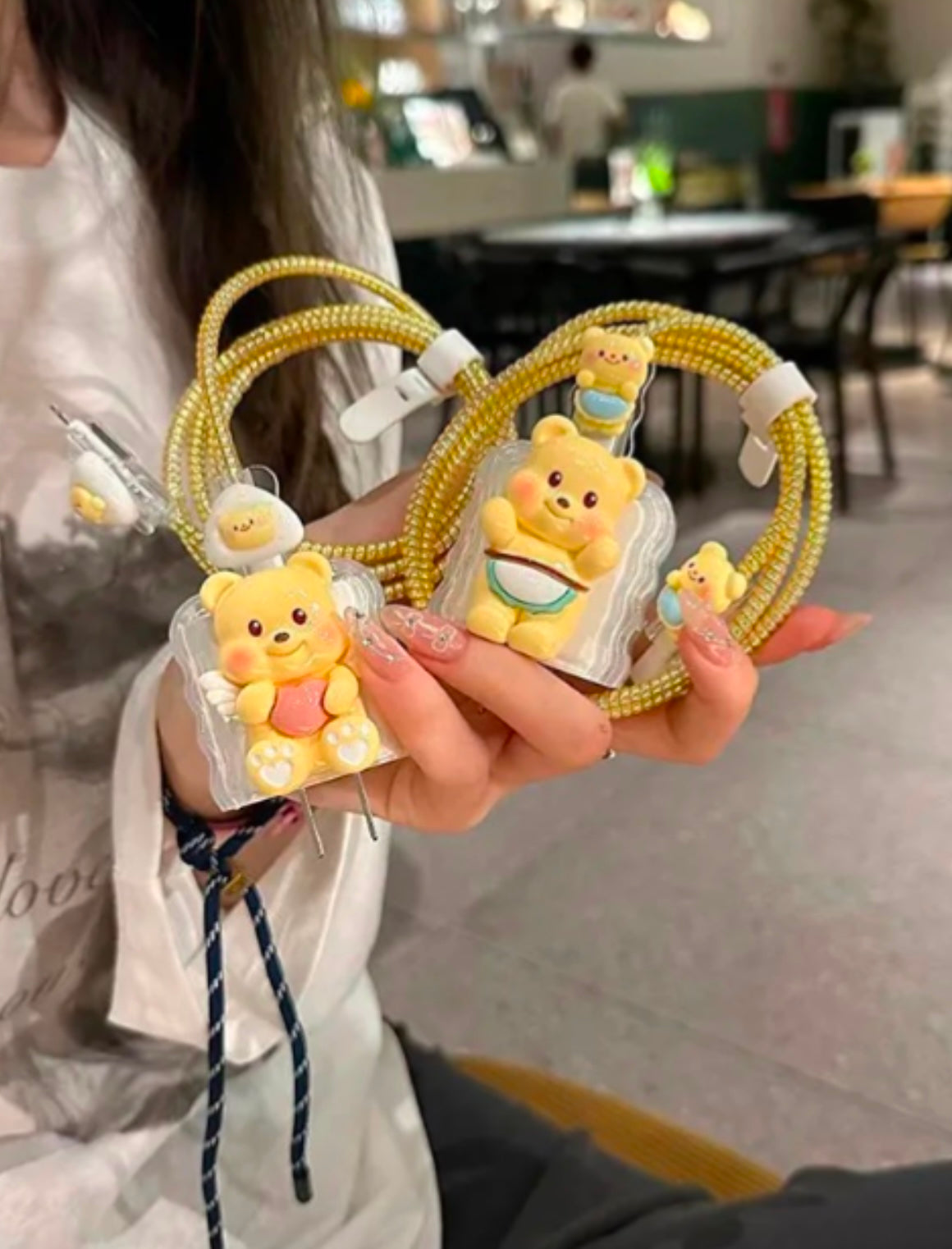 3D Cute Yellow Bear Trendy iPhone Adapter Charger Cable Wire Protector Set