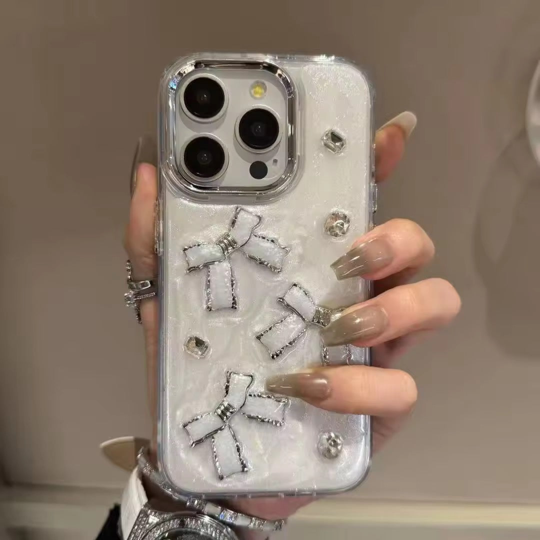 3D White Silver Bow Silver Diamond Studded Bumper Border iPhone Soft Case