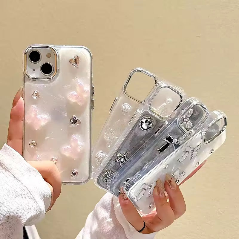 3D White Butterfly Floral Pearl Studded Bumper Border iPhone Soft Case