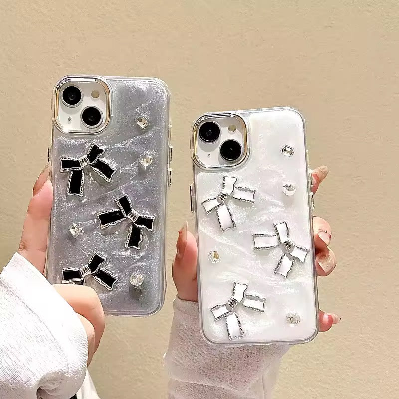 3D White Silver Bow Silver Diamond Studded Bumper Border iPhone Soft Case