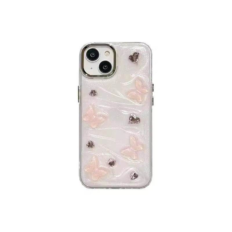 3D Pink Butterfly Heart Studded Bumper Border iPhone Soft Case