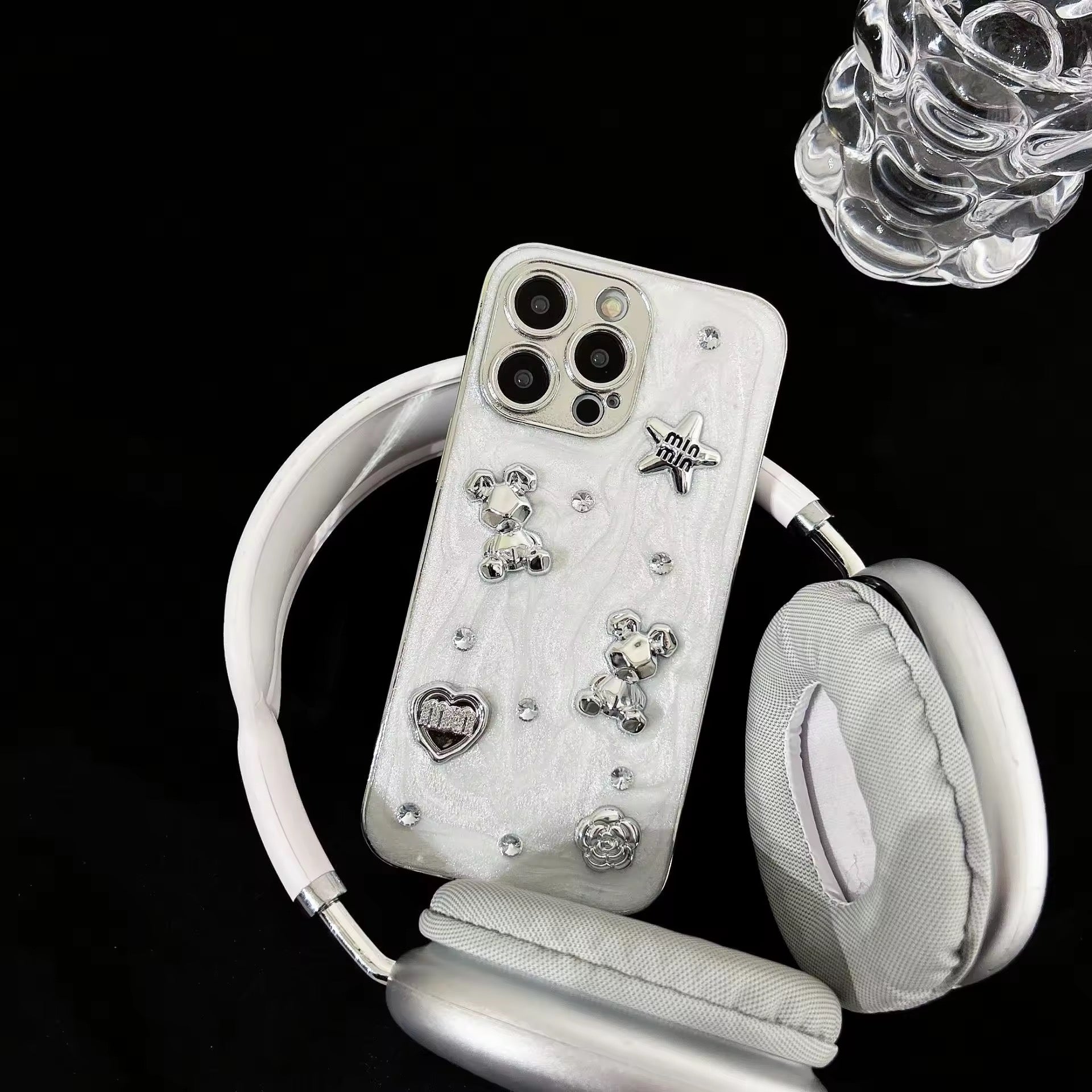 3D Silver Teddy Bear Star White Silver Bumper Border iPhone Soft Case