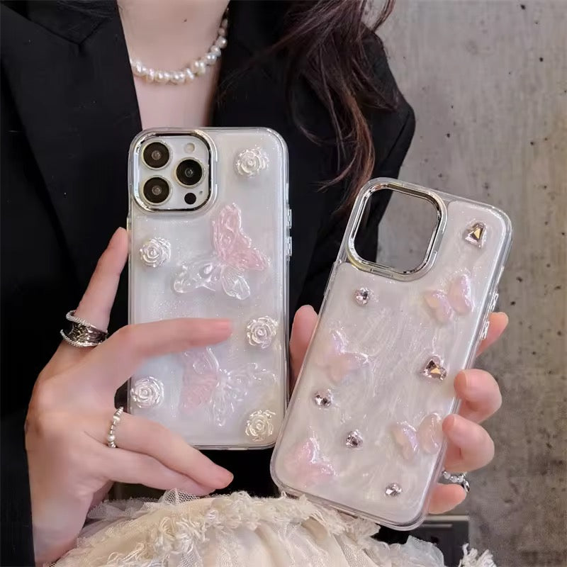 3D Pink Butterfly Heart Studded Bumper Border iPhone Soft Case