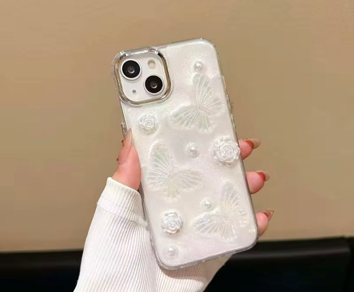 3D White Butterfly Floral Pearl Studded Bumper Border iPhone Soft Case