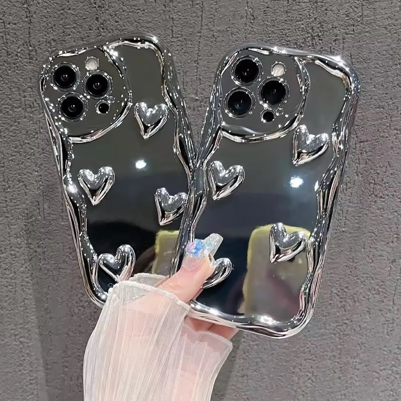 3D Silver Hearts iPhone Wavy Edge Glossy Case