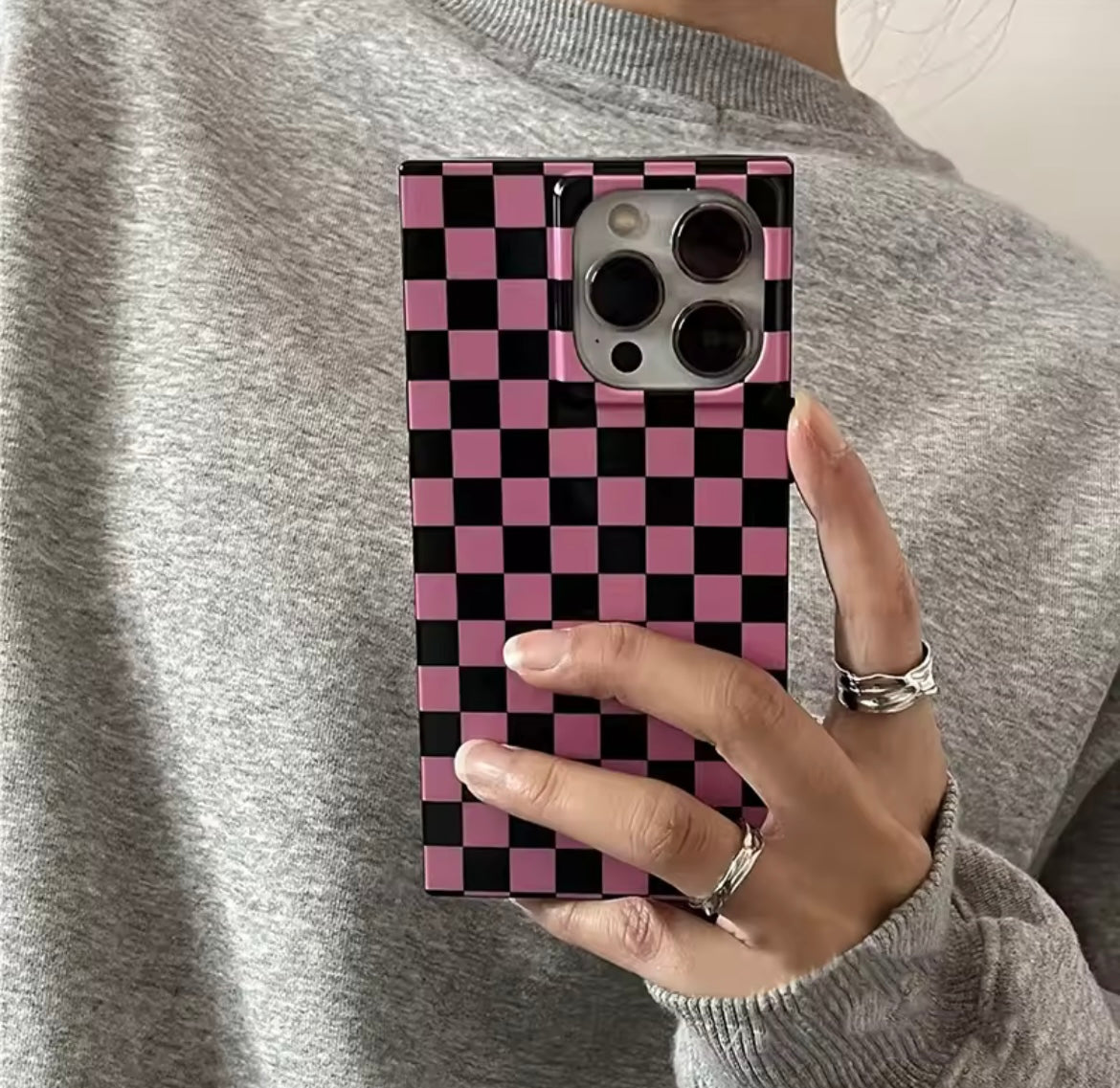 Square Pink Black Plaid Glossy Shockproof Silicone  iPhone Case