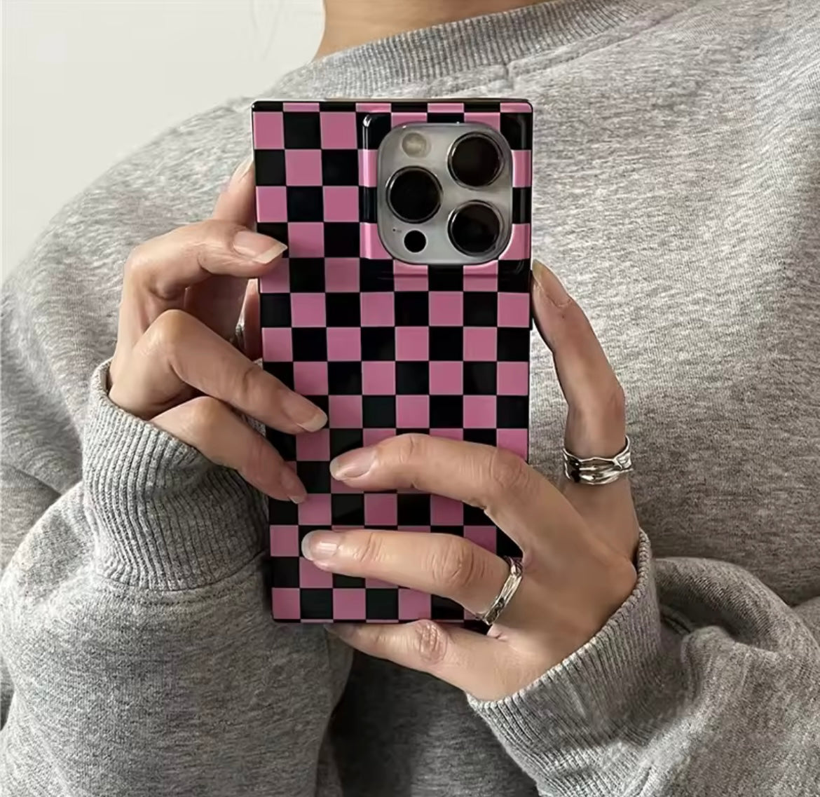 Square Pink Black Plaid Glossy Shockproof Silicone  iPhone Case