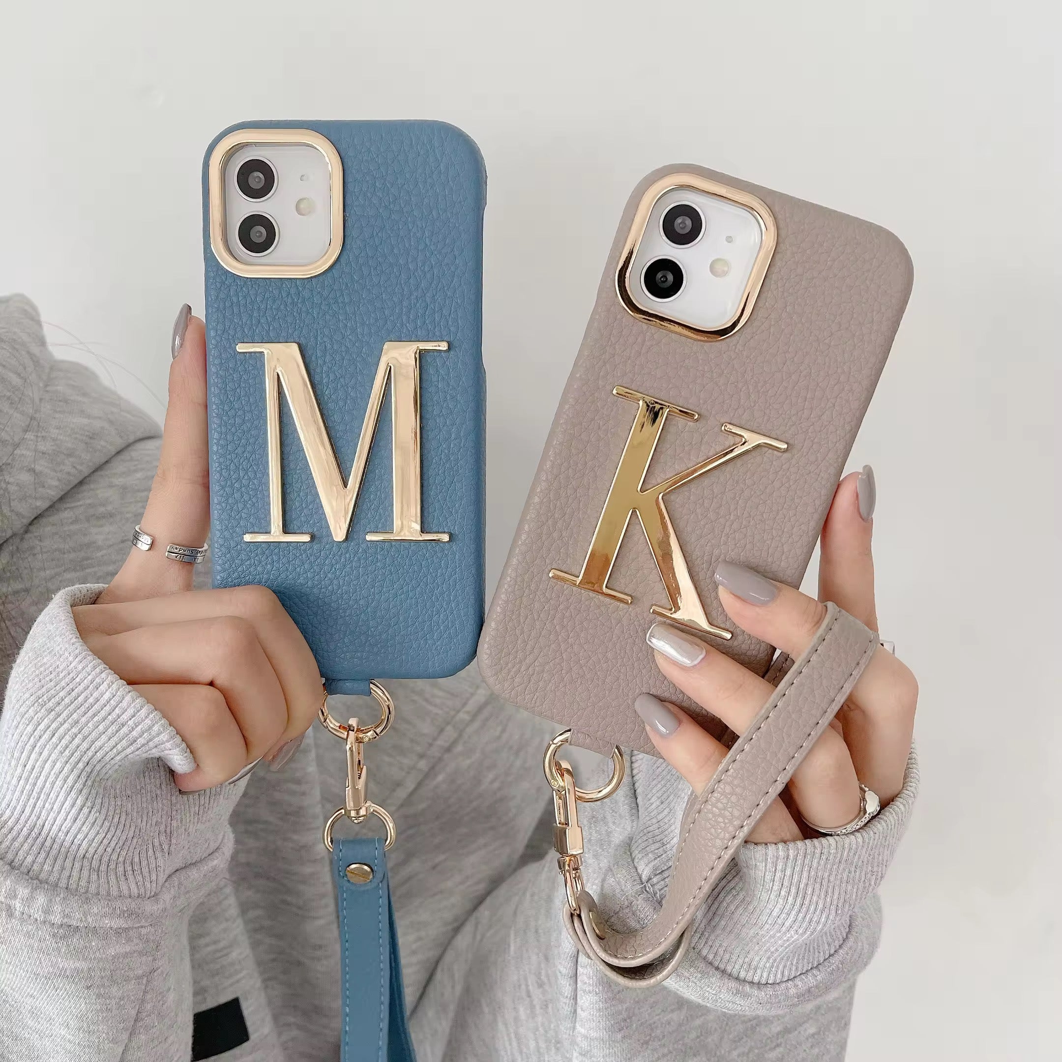 Luxury Leather iPhone Strap Case With Custom Name Initial Single Plain Golden Letter