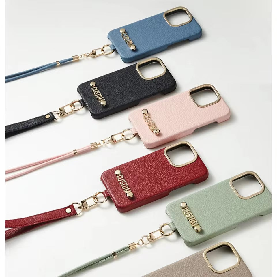 Luxury Leather iPhone Strap Case With Custom Name Initial Single Plain Golden Letter