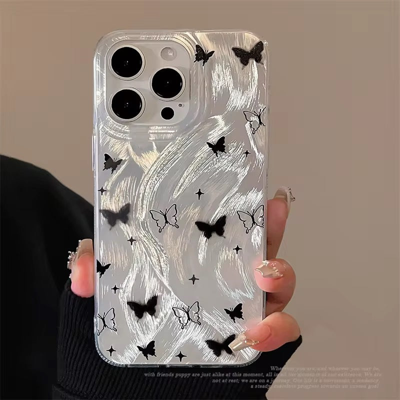 Silver Gradient Glossy Laser Black Butterfly iPhone Case