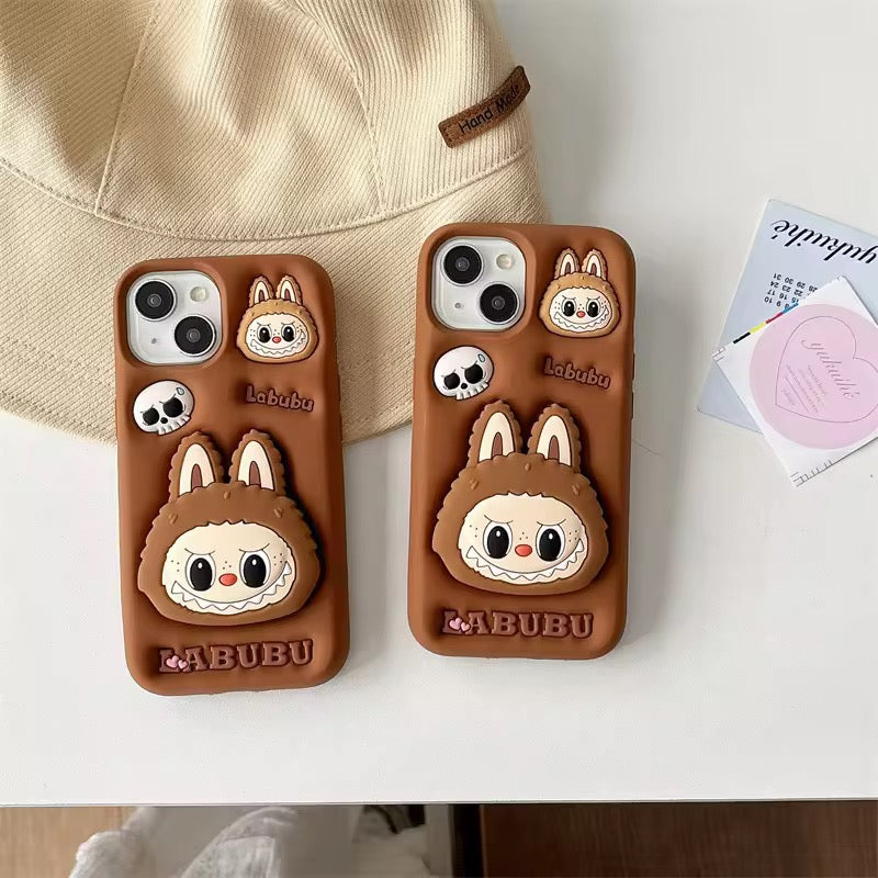 3D Labubu Monster Brown Phone Holder Trending Shockproof Rubber Silicone iPhone Case