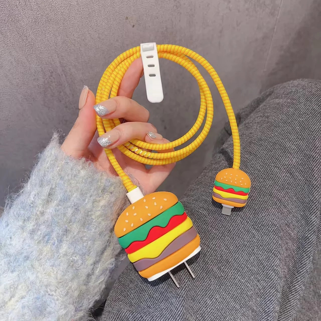 Burger Food iPhone Adapter Charger Cable Wire Protector Set