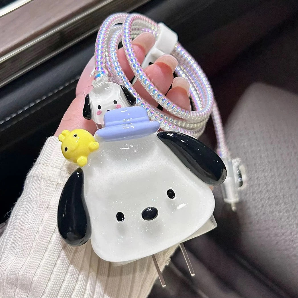 Cute 3D Cartoon Dog iPhone Adapter Charger Cable Wire Protector Set