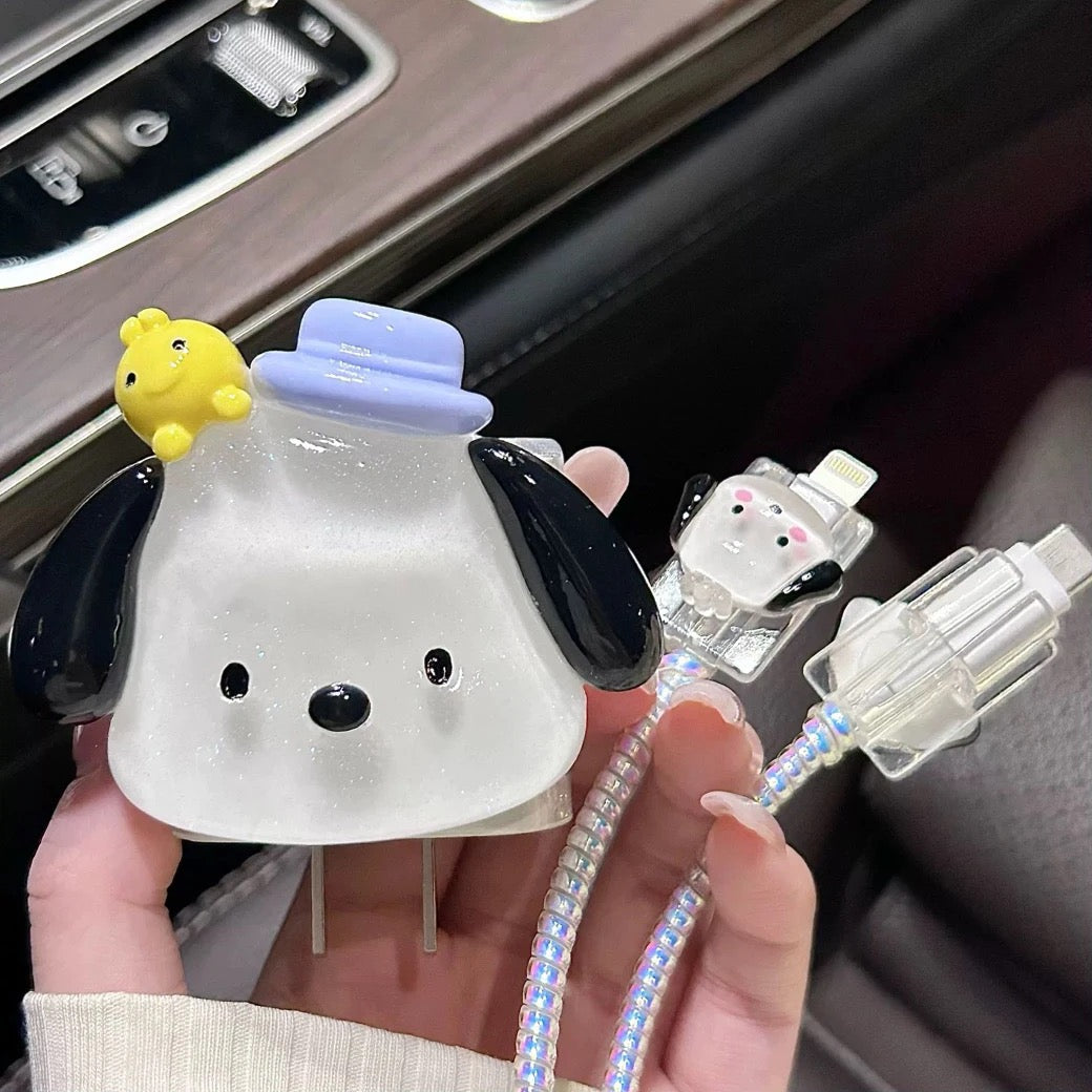 Cute 3D Cartoon Dog iPhone Adapter Charger Cable Wire Protector Set