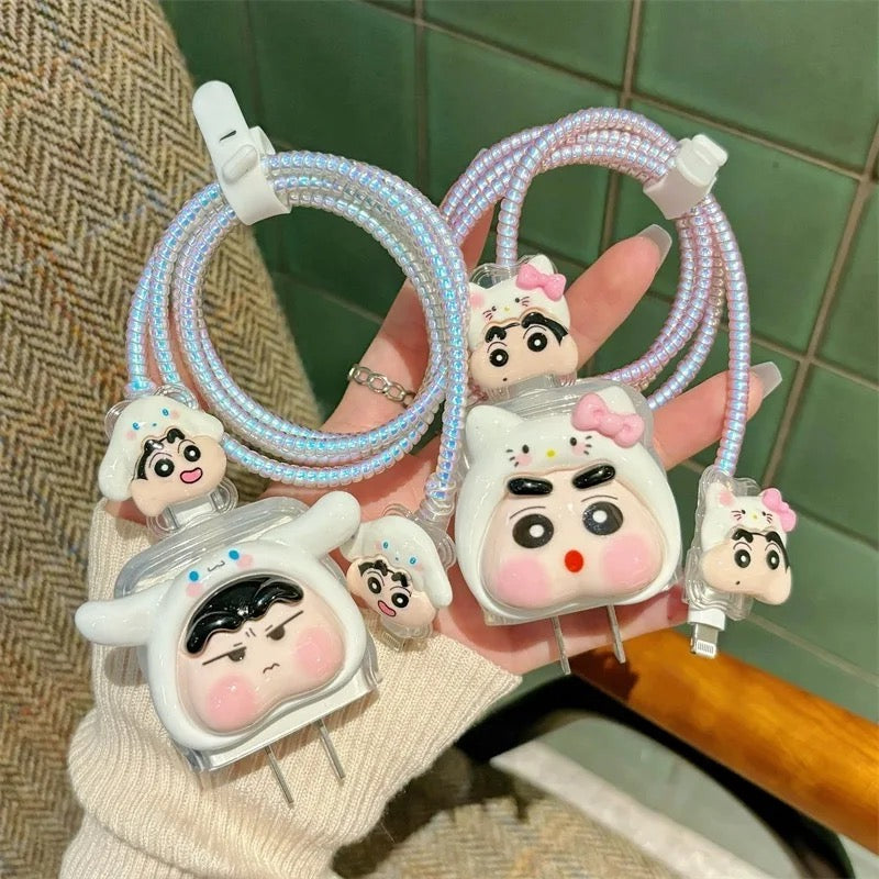 Shin-Chan Cartoon iPhone Adapter Charger Cable Wire Protector Set