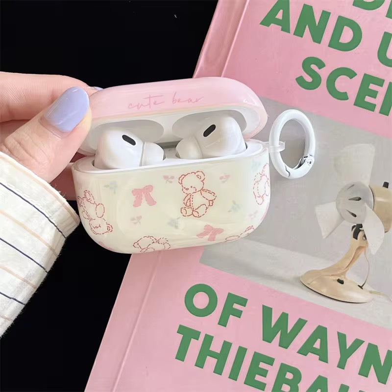 White Pink Teddy Bear Airpod Glossy Case
