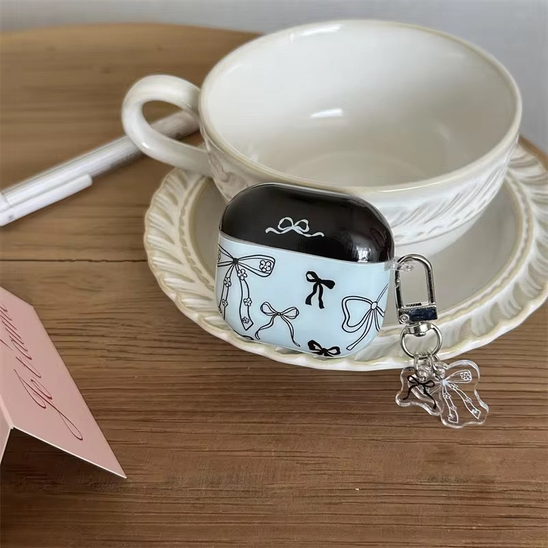 Trendy Blue Black Bow Airpod Glossy Case With Hanging