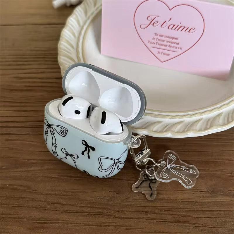 Trendy Blue Black Bow Airpod Glossy Case With Hanging