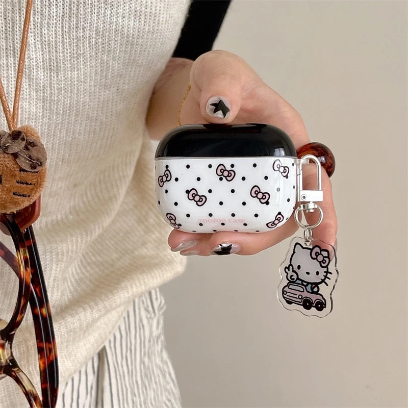 Black White Pink Bow Hello Kitty Airpod Glossy Case With Hanging