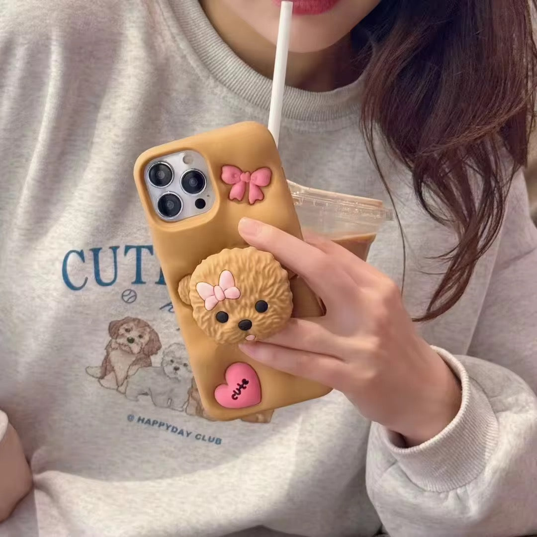 3D Cute Cartoon Teddy Dog Phone Holder Trending Shockproof Rubber Silicone iPhone Case