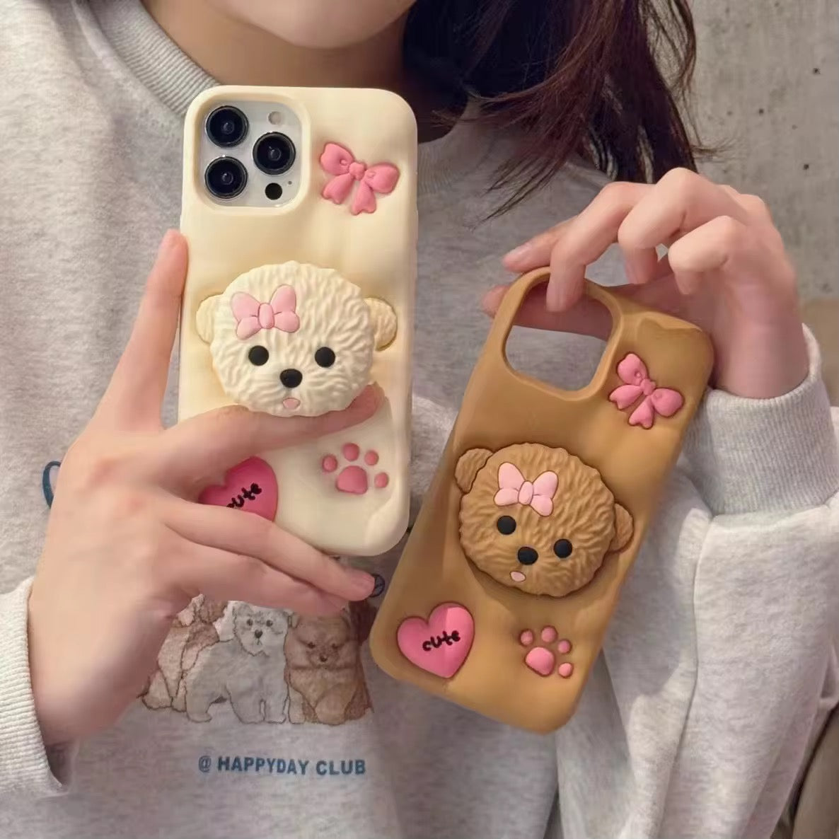 3D Cute Cartoon Teddy Dog Phone Holder Trending Shockproof Rubber Silicone iPhone Case