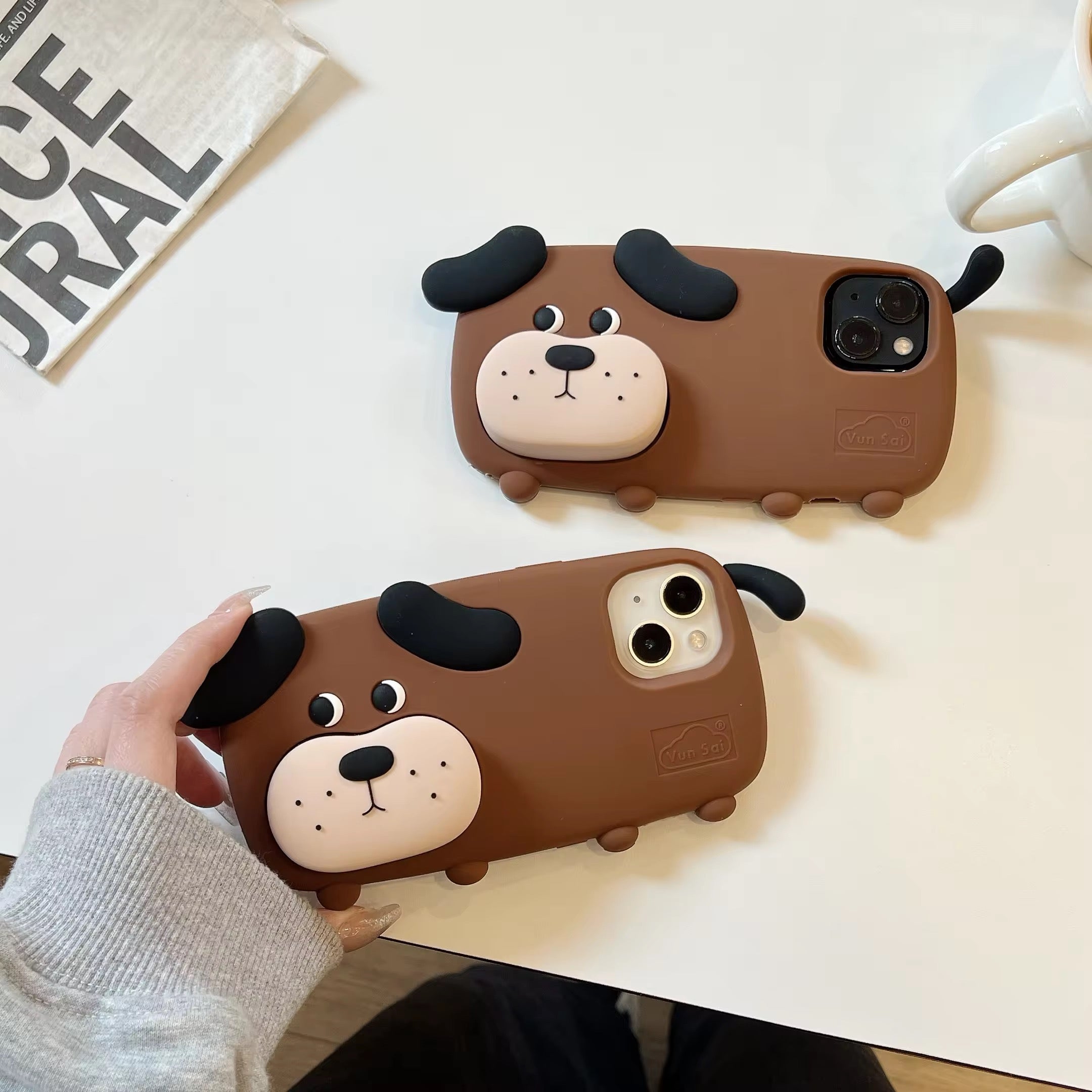 3D Cute Standing Brown Dog Phone Holder Trending Shockproof Rubber Silicone iPhone Case