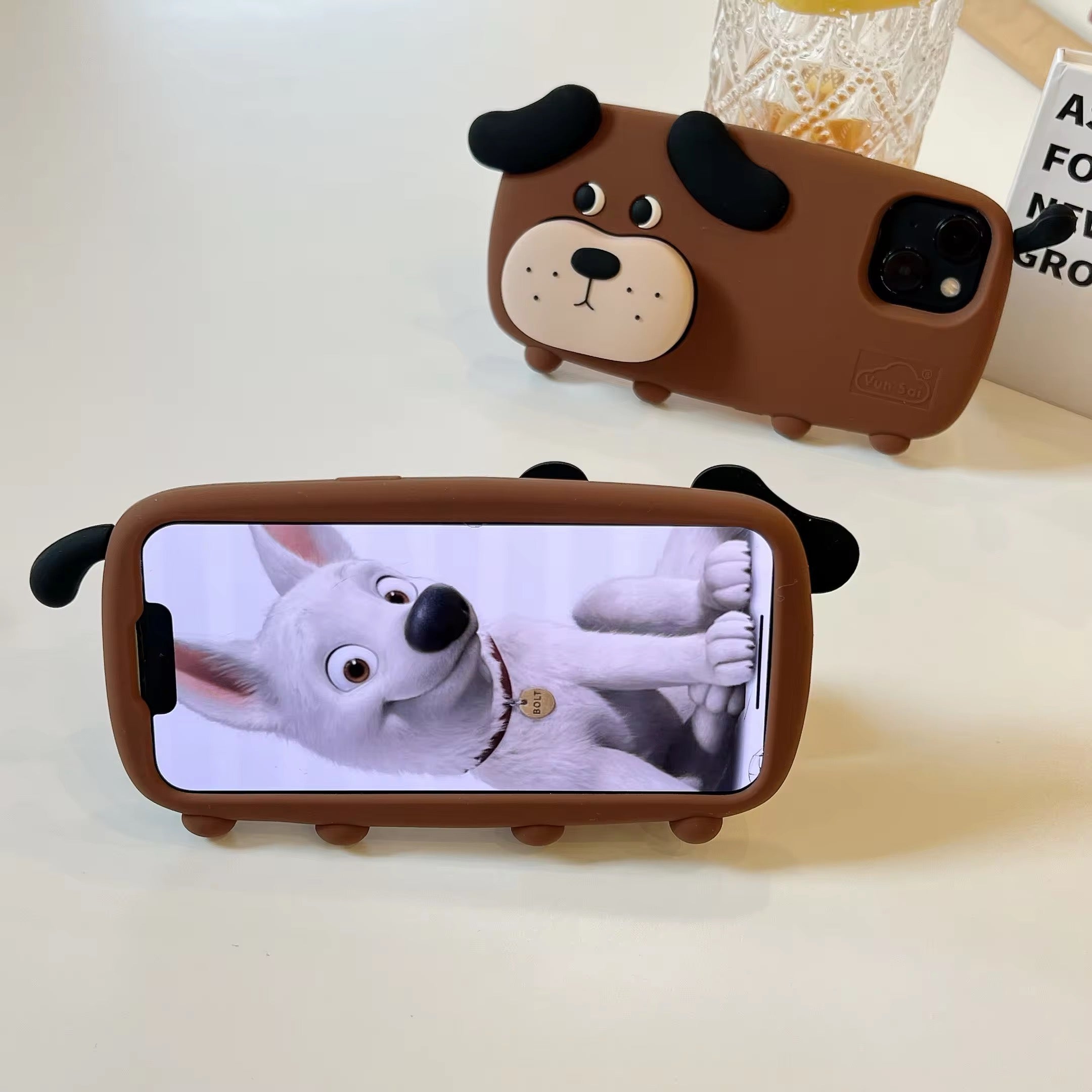 3D Cute Standing Brown Dog Phone Holder Trending Shockproof Rubber Silicone iPhone Case