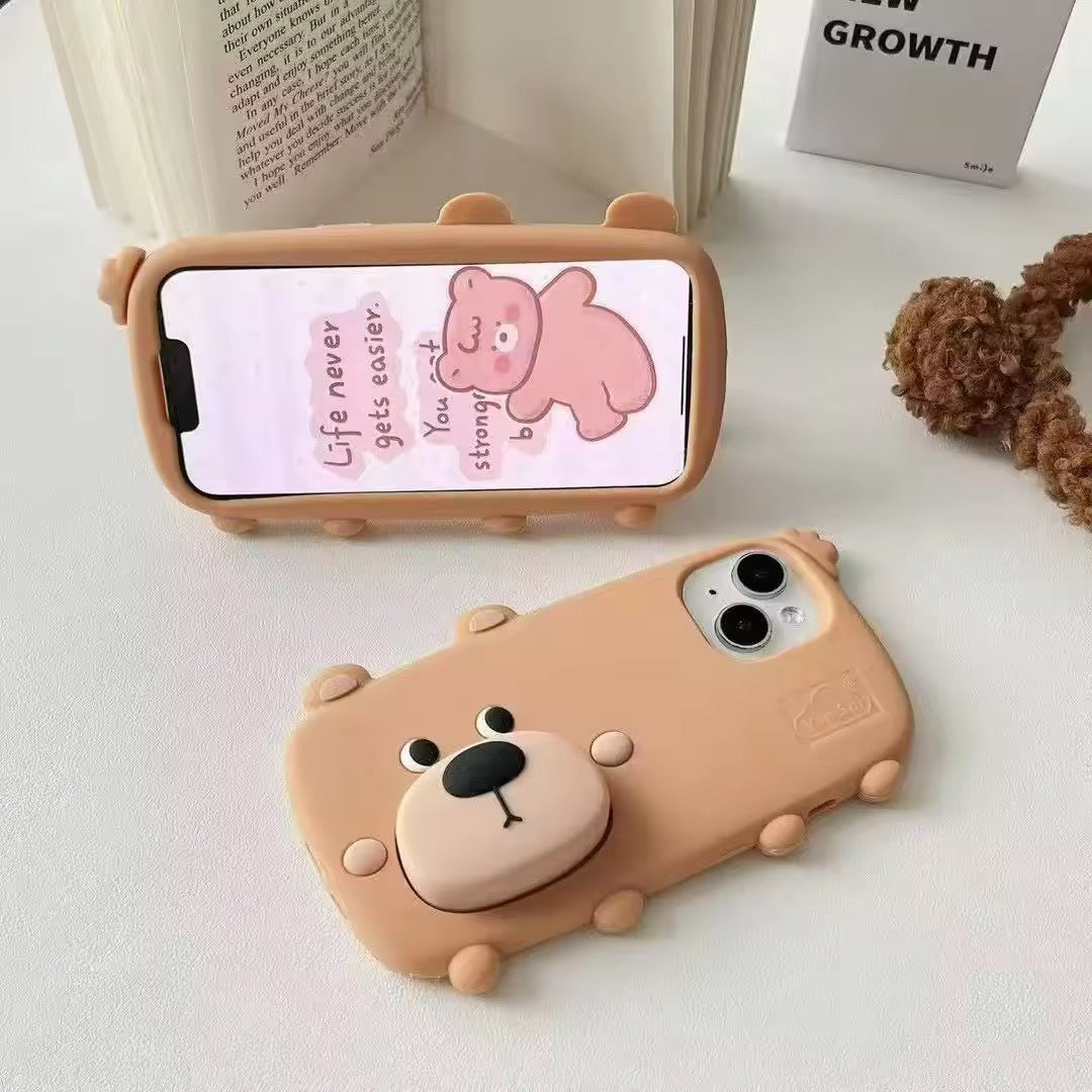 3D Cute Standing Light Brown Dog Phone Holder Trending Shockproof Rubber Silicone iPhone Case