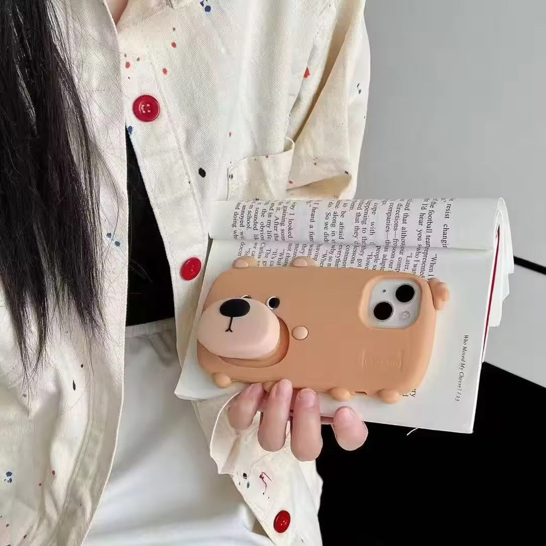 3D Cute Standing Light Brown Dog Phone Holder Trending Shockproof Rubber Silicone iPhone Case
