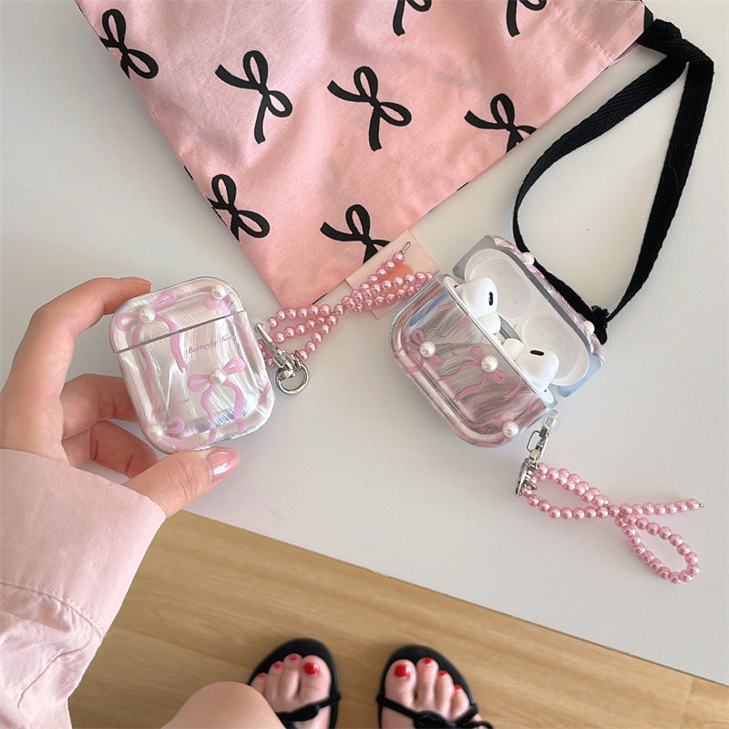 Cute Pink Bow Pearl Silver Laser Knot Airpod Case