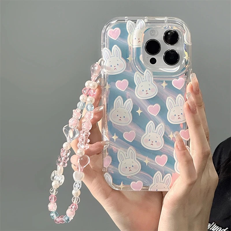 2 in 1 Cute Bunny Laser Bracelet Lanyard Transparent iPhone Soft Case