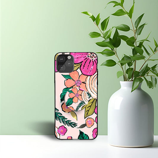 Pink & Green Floral Flower Abstract Phone Holder Glossy Metal Bumper Case
