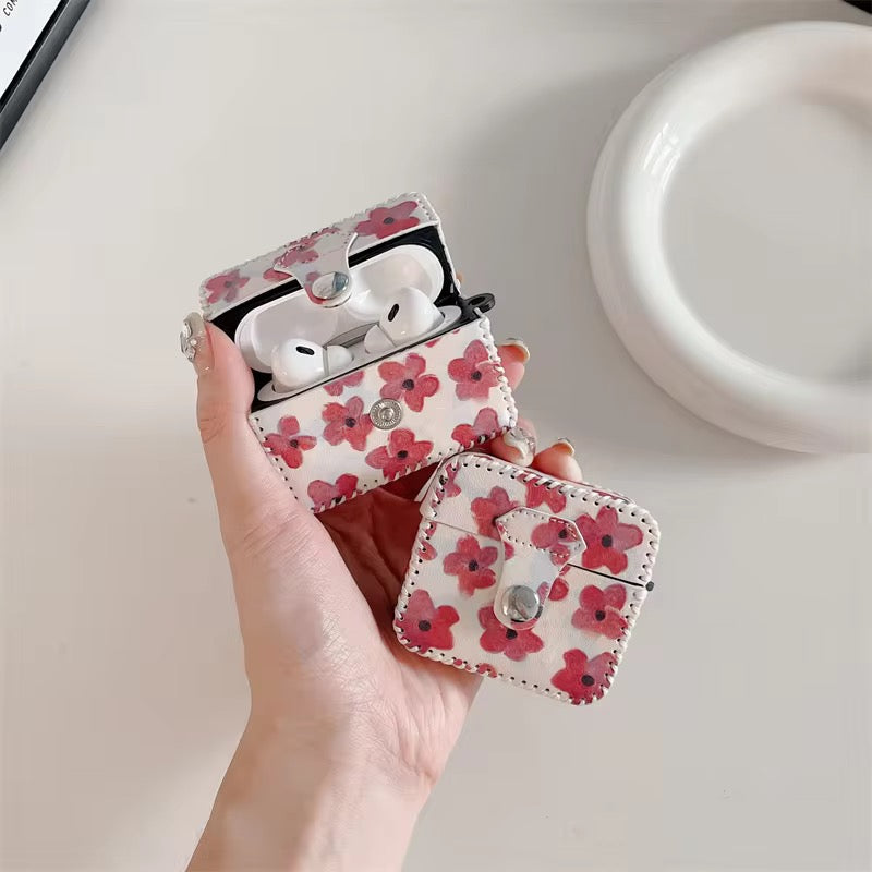 Cute Red Floral Leather Fabric Airpod Case